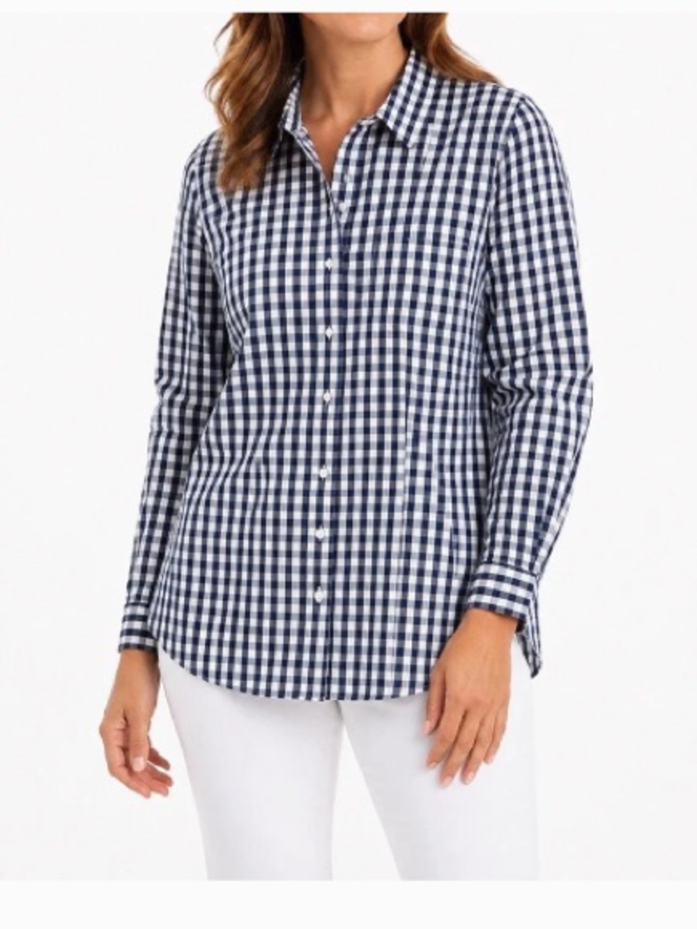 L.L. Bean Women’s Wrinkle Free Button-Down Shirt Navy White Check 2X